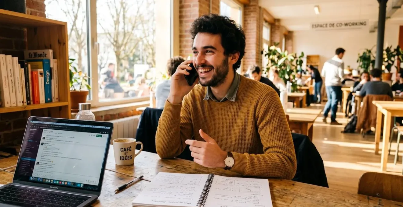 Jeune homme souriant au téléphone dans un espace de coworking, illustrant la réussite professionnelle après une formation.
