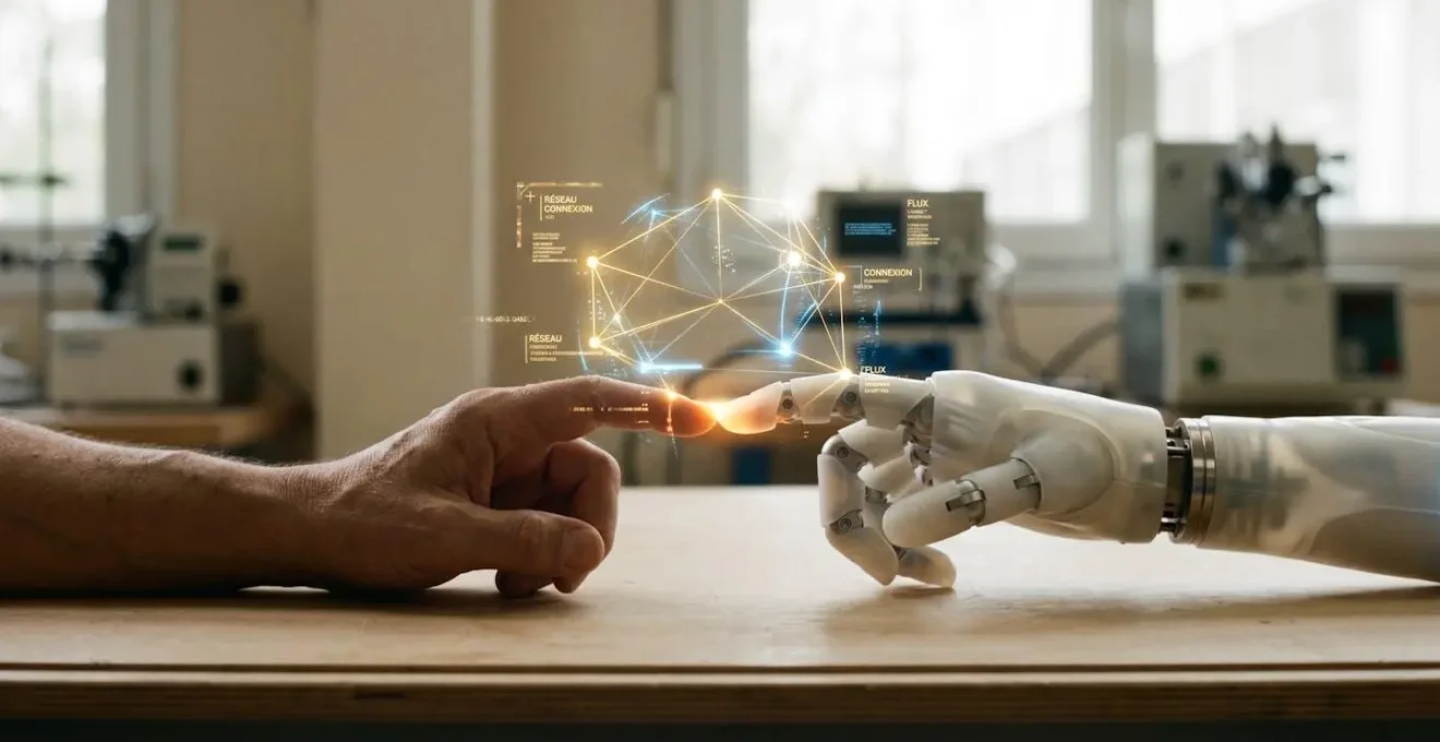 Mains humaine et robotique interagissant avec une interface holographique lumineuse, symbolisant la synergie entre l'humain et la technologie dans la formation.